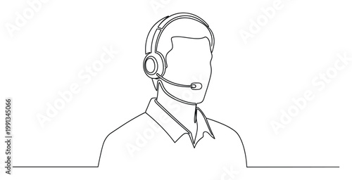 Continuous line drawing of a customer service representative wearing a headset offering remote support and assistance