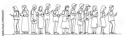 People in a long queue, focused on phones and documents, illustrating modern waiting for services.