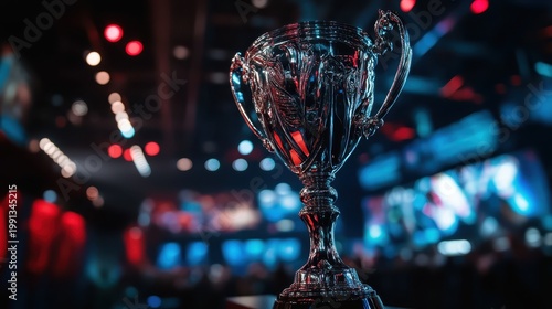Ornate Esports Championship Trophy Gleaming in Soft Stadium Lighting During a Victory Ceremony