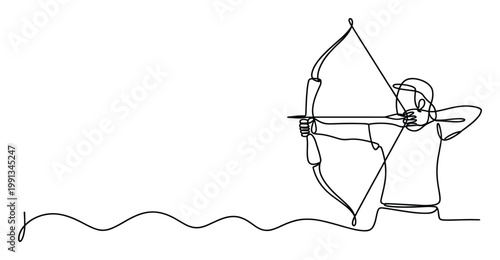 Continuous line drawing of an archer aiming a bow and arrow, ideal for sports and precision themes