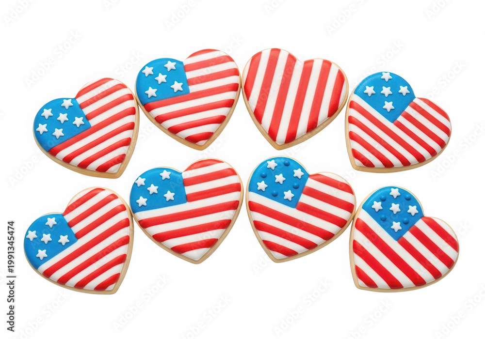 Obraz premium Collection of colorful heart-shaped balloons with red, white, and blue patterns isolated on transparent background