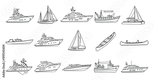 Outline icons of various boats and ships great for maritime industry graphics and travel publications