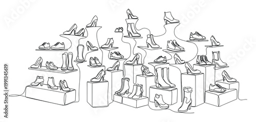Continuous line drawing of various footwear including heels boots and sneakers displayed on platforms perfect for retail store backgrounds