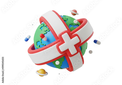 Healthcare Globe with Bandage and Pills, Global Health Concept