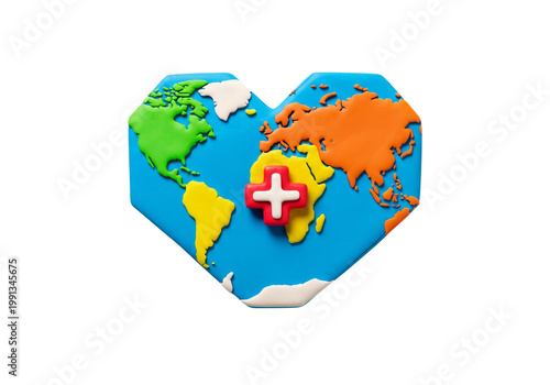 World Map Heart Shape with Medical Plus Symbol