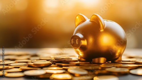 Golden Piggy Bank Surrounded by Scattered Coins Symbolizing Wealth and Financial Security