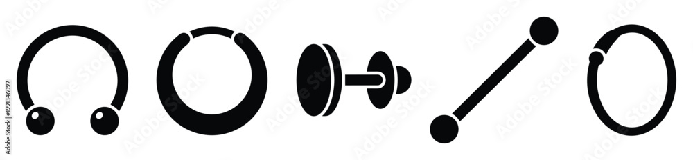 Fototapeta premium Different types of body piercing jewelry such as barbells, rings, and labrets for modern fashion accessory use