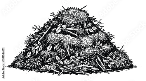 Large organic compost heap with branches and dried leaves for gardening and agricultural projects