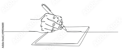 Line drawing of a hand writing on paper with a pen, useful for education, business and signing.