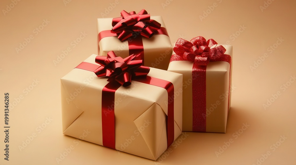 Fototapeta premium Three beautifully wrapped gift boxes with red ribbon bows and festive accents, prepared for holiday giving