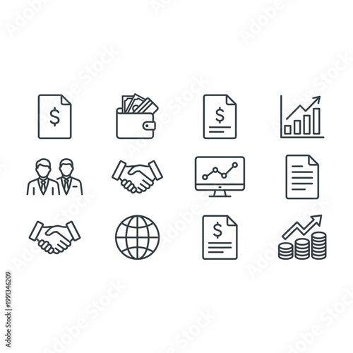 Business finance icons set with money handshake and graph