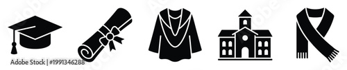 Academic symbols including graduation cap diploma gown university building and scarf representing educational success and commencement achievements