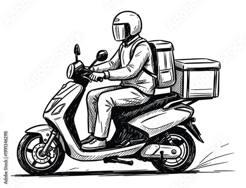 Professional courier on a motor scooter transporting goods in a delivery box for fast service application