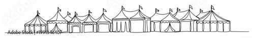 Continuous single line drawing of multiple circus and festival tents with flags, perfect for event branding, invitations, and childrens party decorations.