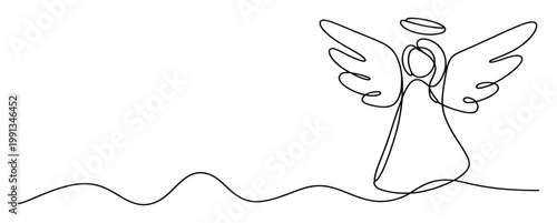 Continuous line drawing of an angel with wings and halo conveying spirituality and peace for graphic content