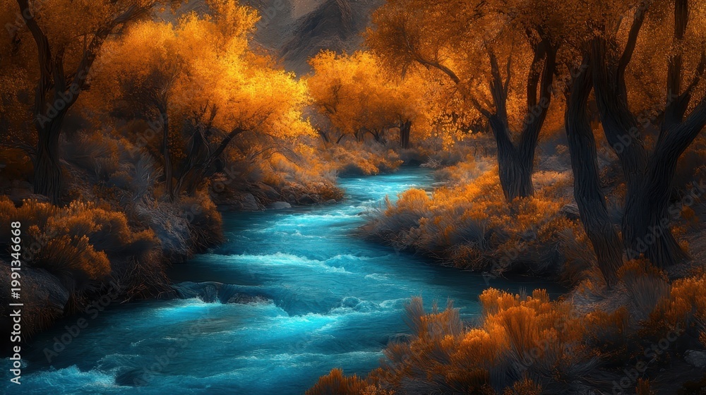 Fototapeta premium Vibrant Autumn River Flowing Through Golden Foliage Under Warm Golden Hour Light