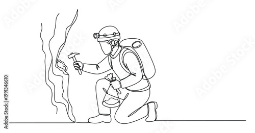 Professional geologist explorer collecting mineral samples from rock formation using hammer and backpack for research expedition