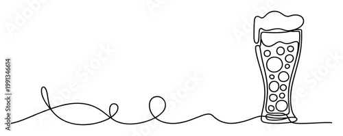 Smooth single line art forming the word beer and a refreshing glass of foamy lager ideal for brewery marketing