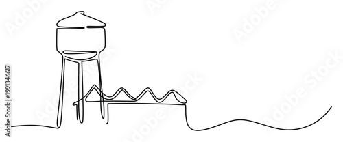 Single continuous line drawing featuring water tower and associated building for environmental or urban planning projects