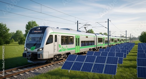 A modern electric train traveling on tracks beside a field of solar panels under a blue sky