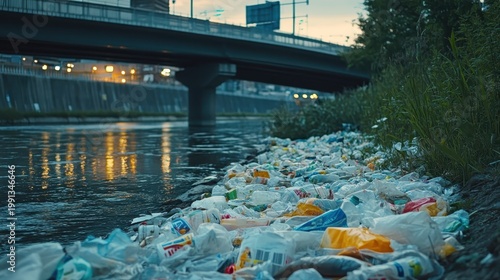 Urban riverbank choked with vast plastic pollution and discarded waste near city infrastructure