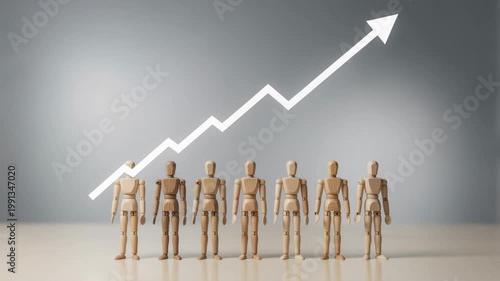 Wooden Mannequins Standing in a Row with Rising White Arrow Symbolizing Growth and Success