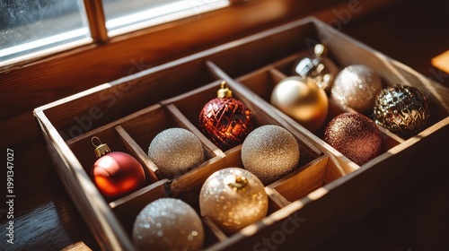 Wooden box filled with decorative Christmas ornaments, reflecting warm natural light