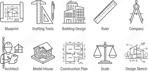 Set of architecture and construction icons, blueprint, drafting tools, building design