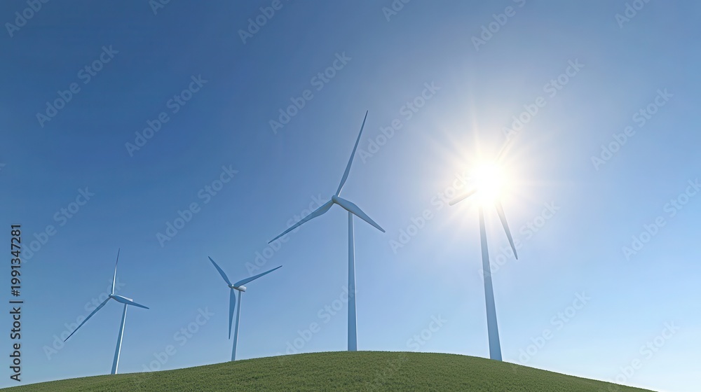Fototapeta premium Wind turbines on a grassy hill generating renewable energy under a bright sunny sky