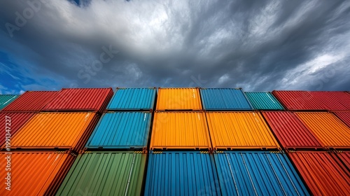 Vibrant Shipping Containers Stacked High Under Dramatic Cloudy Sky, Representing Global Logistics And Trade Operations