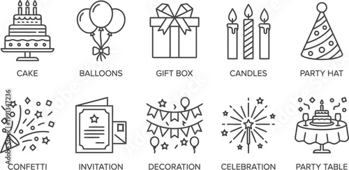 black and white line icons for birthday party celebration