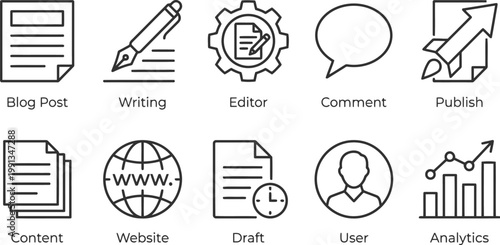 set of outline icons for blogging and content creation