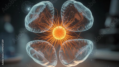 Translucent organic sphere slowly unfolding to reveal glowing orange core futuristic animation