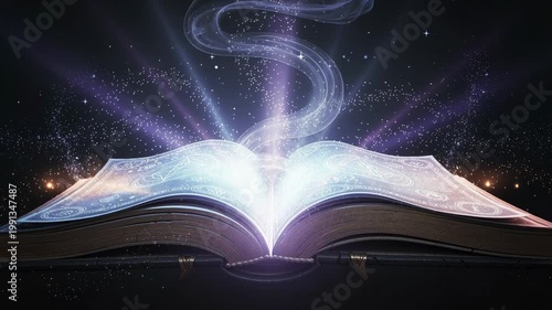 Ancient magical spellbook glowing mystical light with enchanted pages opening by itself