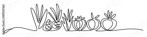 Minimalist continuous line drawing of fresh organic vegetables and fruits for healthy eating promotions and nutrition campaigns.