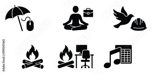 Pictograms symbolizing online protection, work life harmony, workplace safety, remote careers, and music business for diverse uses.