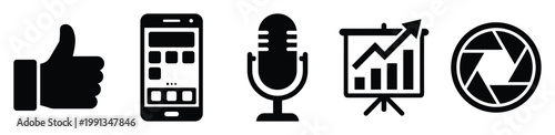Essential digital communication and content icons like, mobile phone, microphone, growth, camera lens