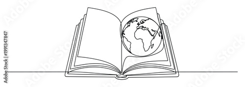 Continuous line drawing of an open book with a globe symbolizing global knowledge and education for study materials
