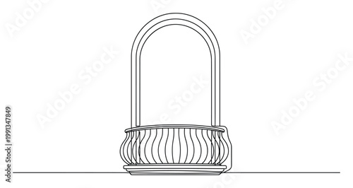 Continuous line drawing of an arched window with a decorative balcony perfect for architectural themes