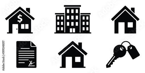Commercial property and home ownership vector icons symbolizing real estate transactions investments and housing solutions