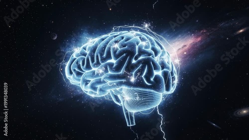 Glowing human brain with electric energy pulses and sparks floating in dark space animation