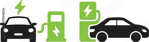 Electric car charging icon set collection group, electric vehicle energy power station plug battery eco transport green technology charging symbol modern clean mobility infrastructure sign.