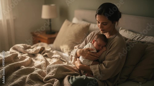 Serene moment at home with mother gently cradling her sleeping newborn baby in peaceful surroundings