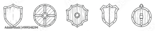 Hand drawn medieval shield collection for gaming assets and historical graphic projects depicting various wooden battle defenses