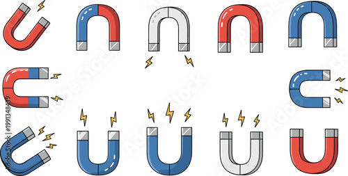 Horseshoe magnet collection with magnetic force sparks and field symbols for physics education, science concepts, and illustration design elements