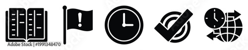 Glyph icons of book, alert, clock, checkmark, and globe for business and education projects.