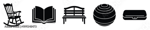 Simple black silhouettes of everyday objects rocking chair book bench egg and case for various design projects