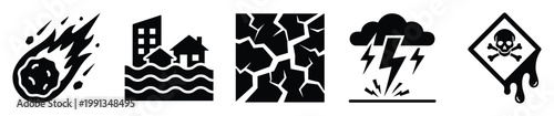 Icons of natural disasters and environmental hazards for safety warnings and educational resources.