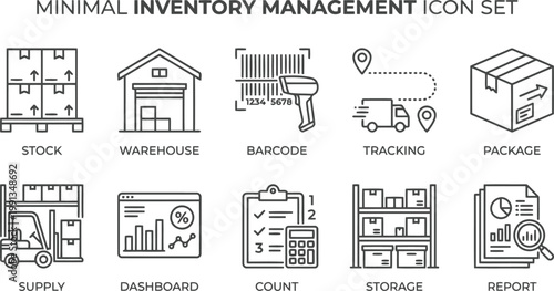 Minimal inventory management icon set with warehouse, tracking, and supply chain elements