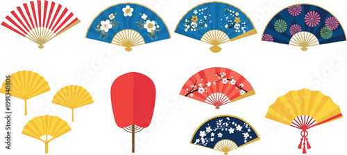 Japanese folding fan collection with floral patterns, traditional hand fans and decorative oriental elements vector illustration set